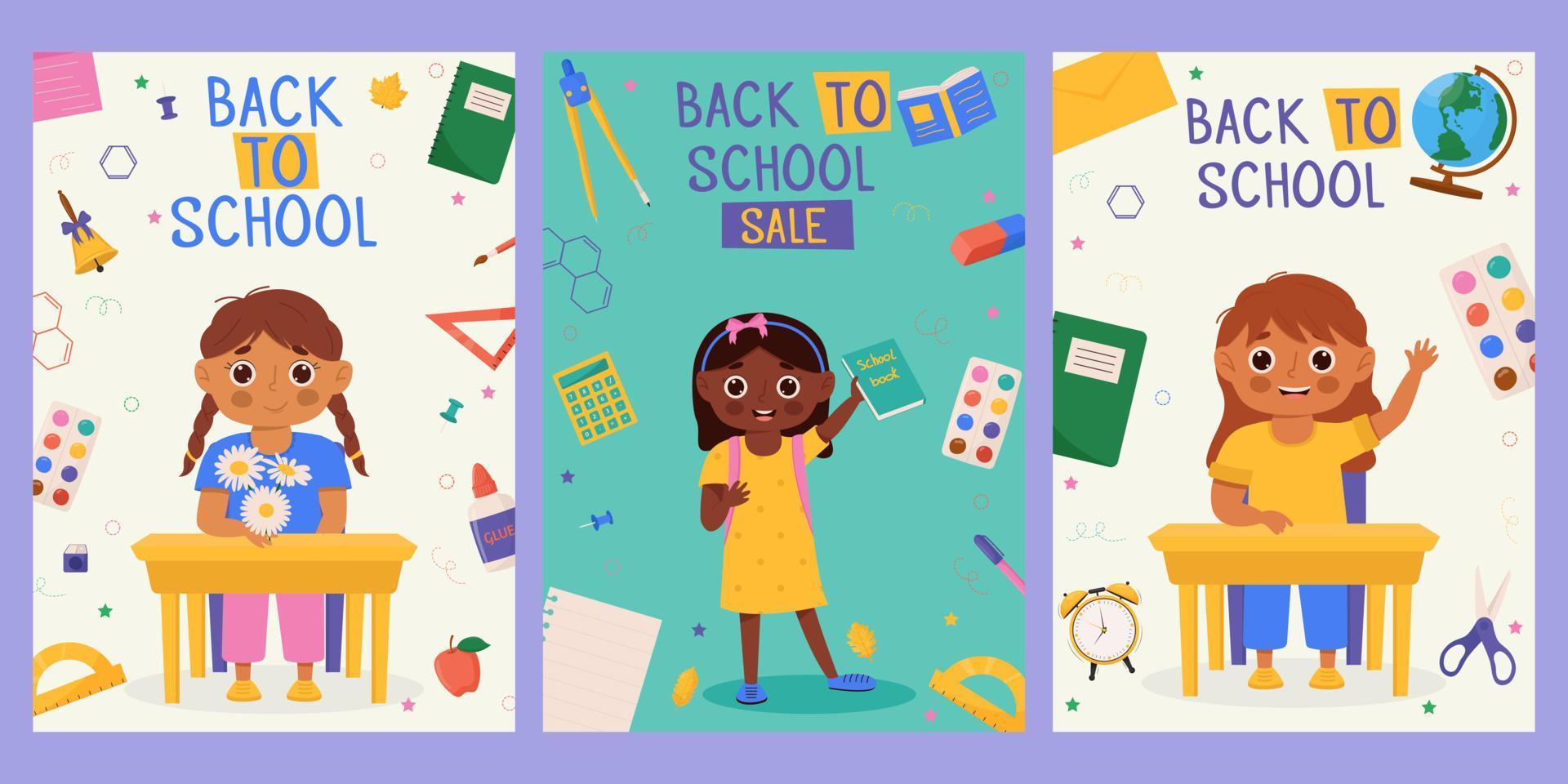 Set of Back to school banner design with colorful funny school character, education items. Colorful back to school templates for invitation, poster, banner, promotion,sale etc. vector