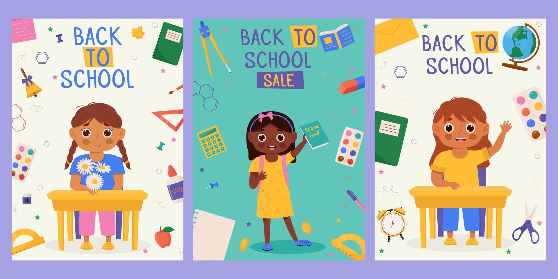 conjunto de diseño de banner de regreso a la escuela con un personaje escolar divertido y colorido, artículos educativos. coloridas plantillas de regreso a la escuela para invitación, afiche, pancarta, promoción, venta, etc. vector