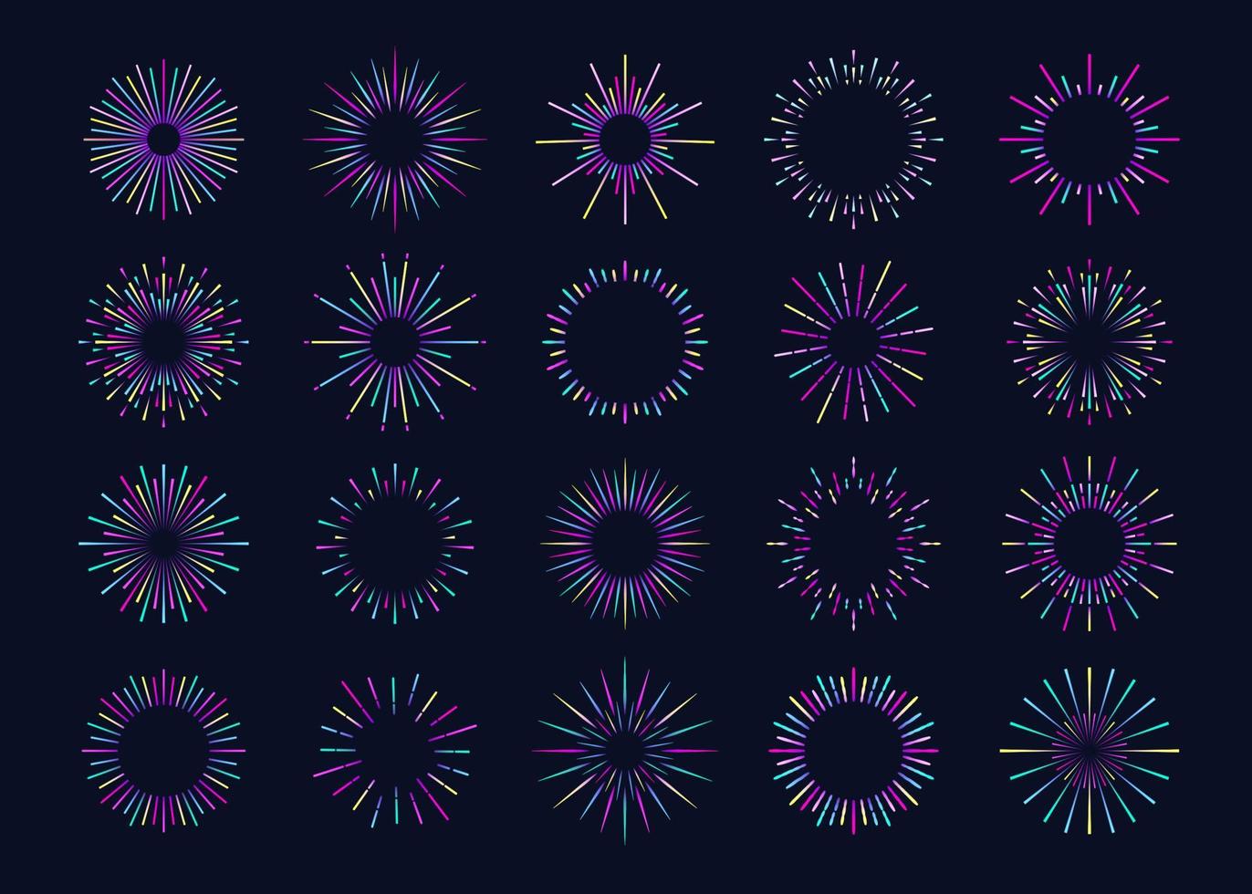 Neon fireworks vector set isolated on black background