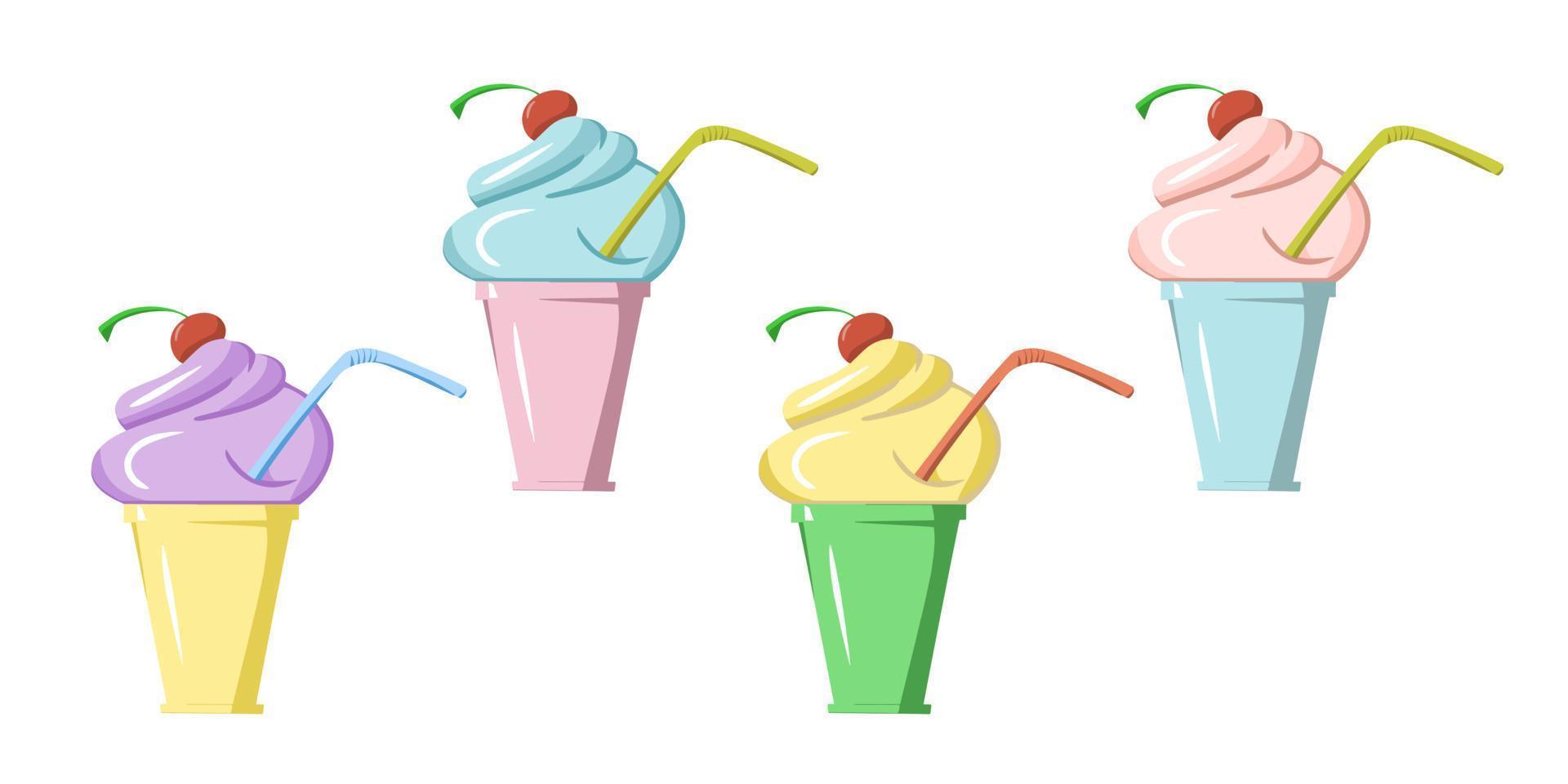 A set of pictures, Cold cherry ice cream, delicious milkshake with a drinking tube, cartoon vector illustration in flat style
