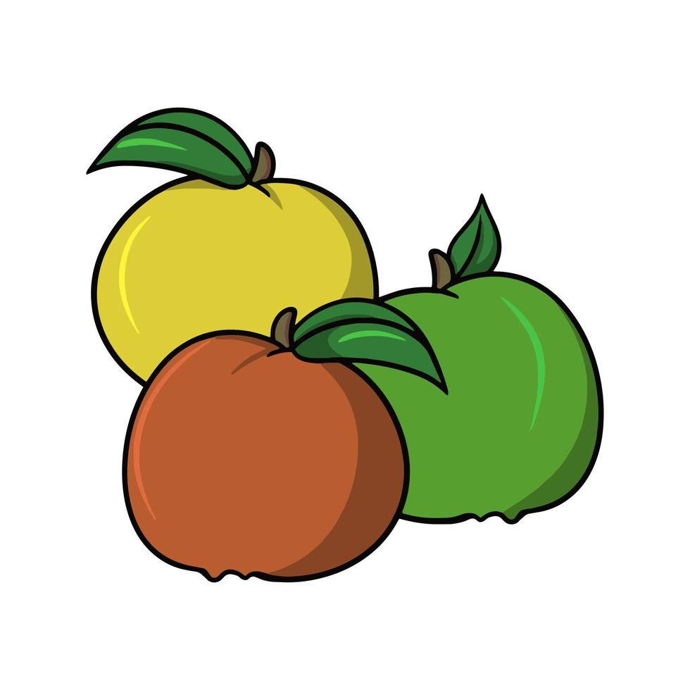Multicolored apples with green leaves, vector illustration in cartoon style on a white background