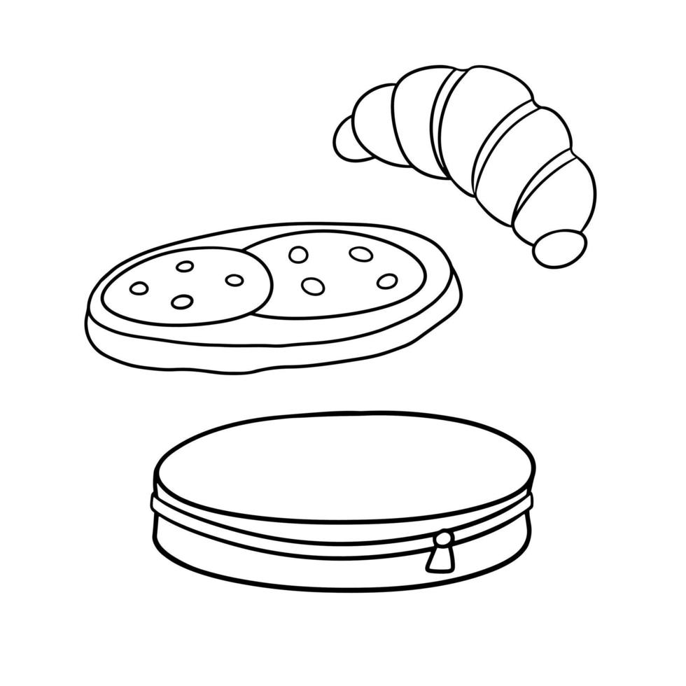 imagen monocromática, caja de lápices redonda, caja de almuerzo escolar con desayuno, ilustración vectorial en estilo de dibujos animados sobre un fondo blanco vector