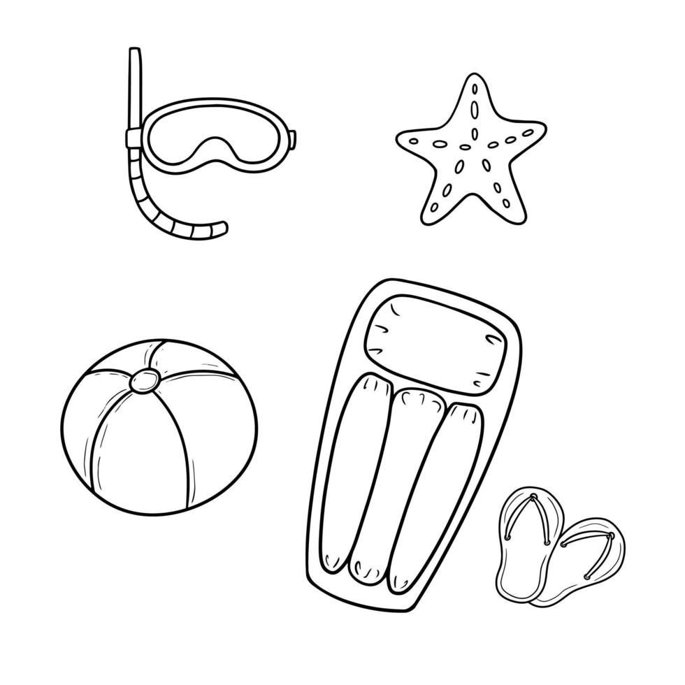 Monochrome set of pictures, a set of summer icons, accessories for sea holidays, vector illustration in cartoon style on a white background