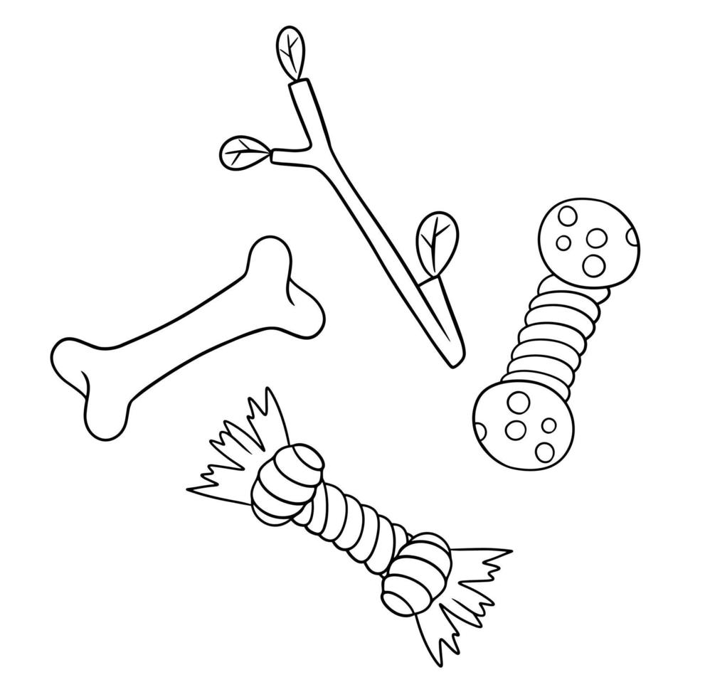 A set of monochrome icons and stickers, interesting toys for dogs, vector illustration in cartoon style on a white background