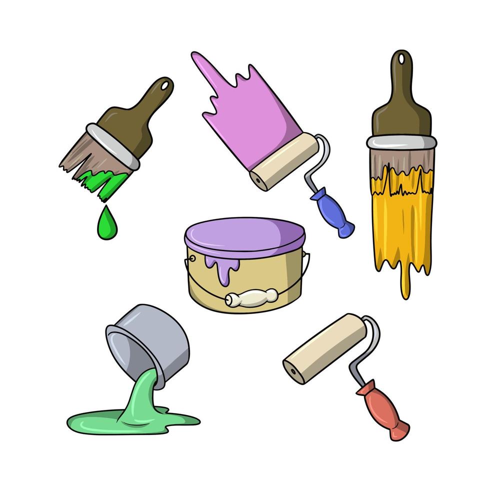 A set of icons, large cans of paint, brushes and paint rollers, vector illustration in cartoon style on a white background