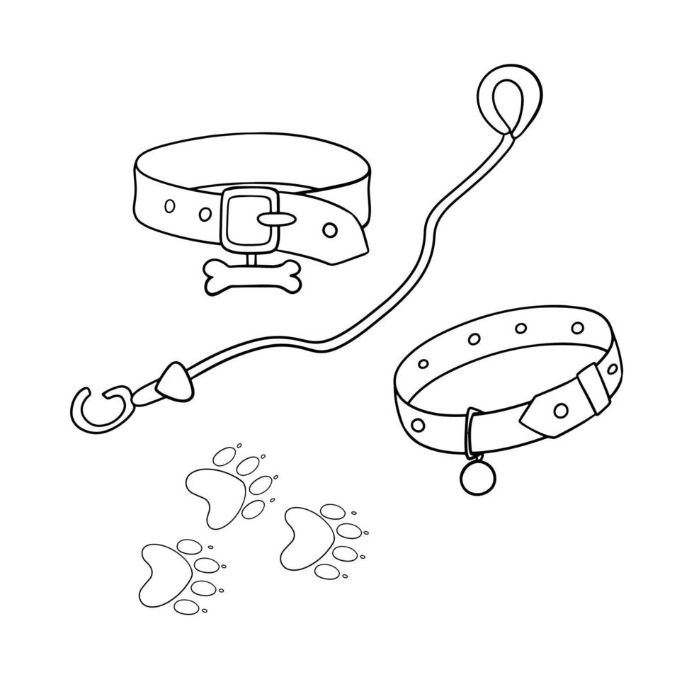 Monochrome set of illustrations, leather dog collar with tag, walking leash, vector illustration in cartoon style on a white background