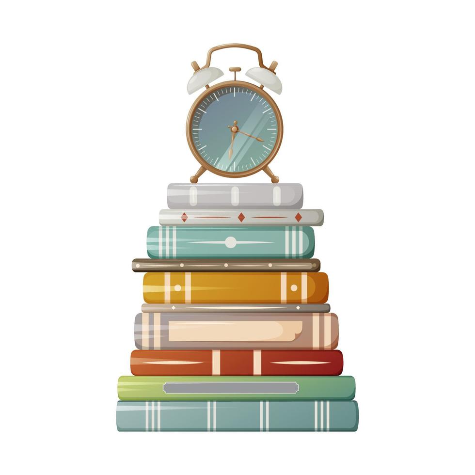 Stack of books with alarm clock. Vector illustration. Education, school, business concept. For students, bookstore, lovers of literature