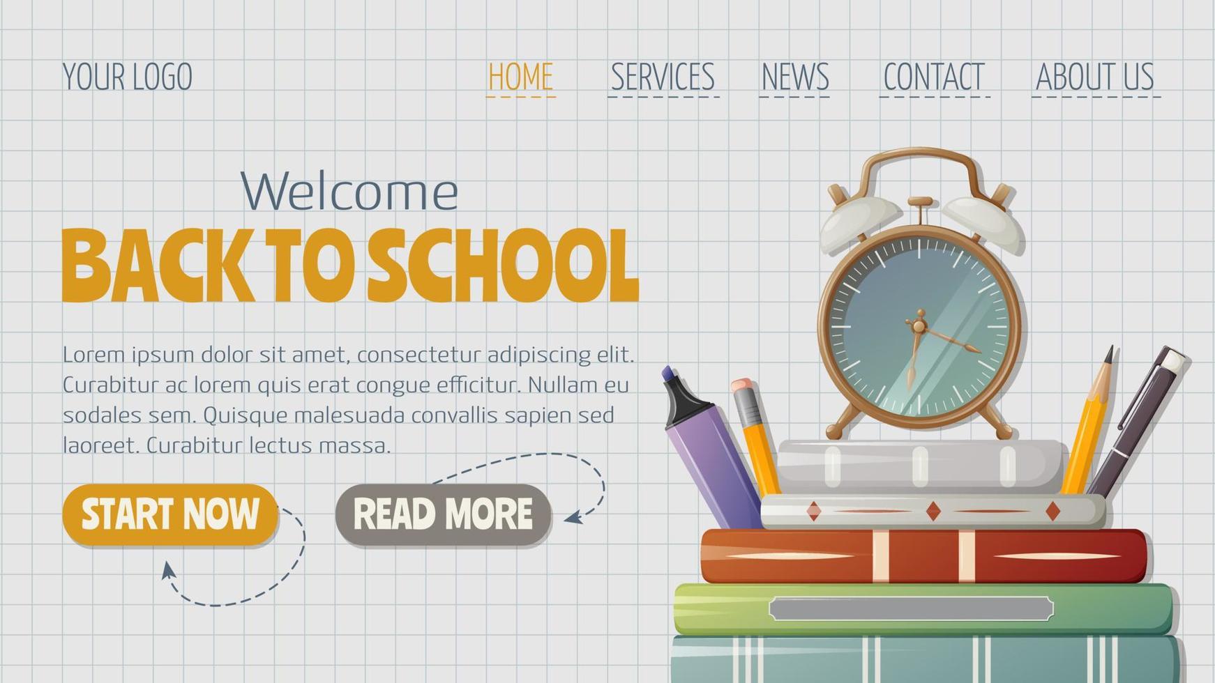 Books, alarm clock and stationery. Welcome back to school horizontal template for website interface, checkered notebook background. Vector illustration. For banner, poster, flyer