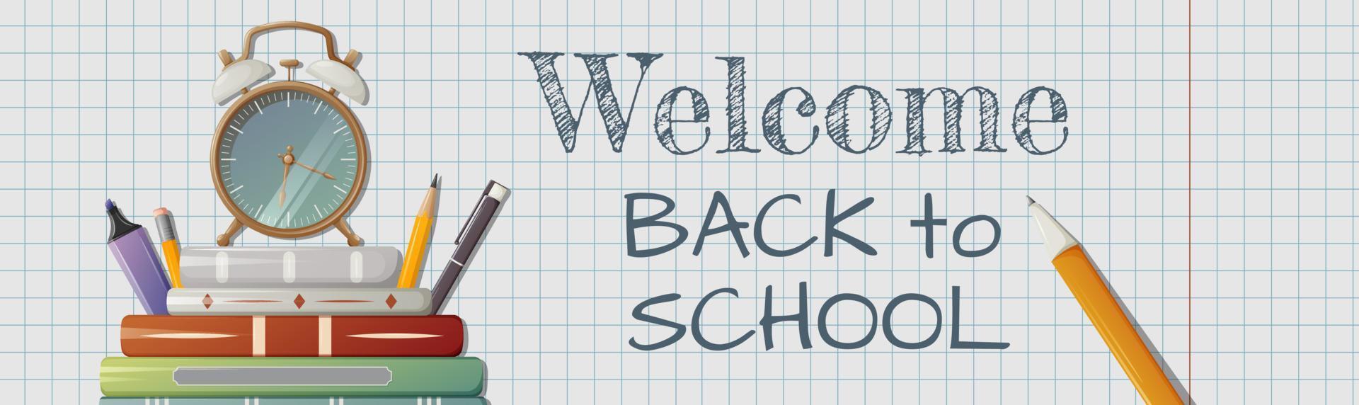 Welcome back to school horizontal banner with text, checkered notebook, books with alarm clock, stationery items. Vector illustration. For poster, flyer, website interface