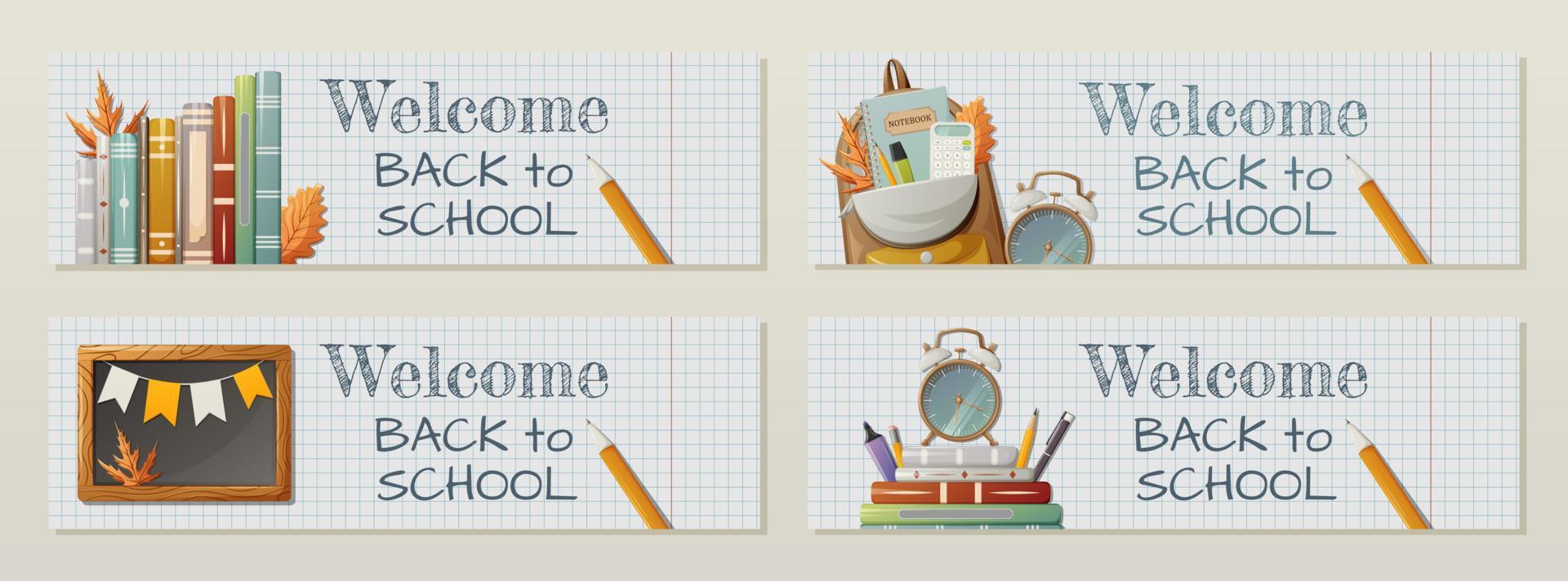 Set of horizontal banner, checkered notebook background. Welcome back to school text. Vector illustration. Books, backpack, alarm clock, stationery, chalkboard. For poster, flyer, website interface