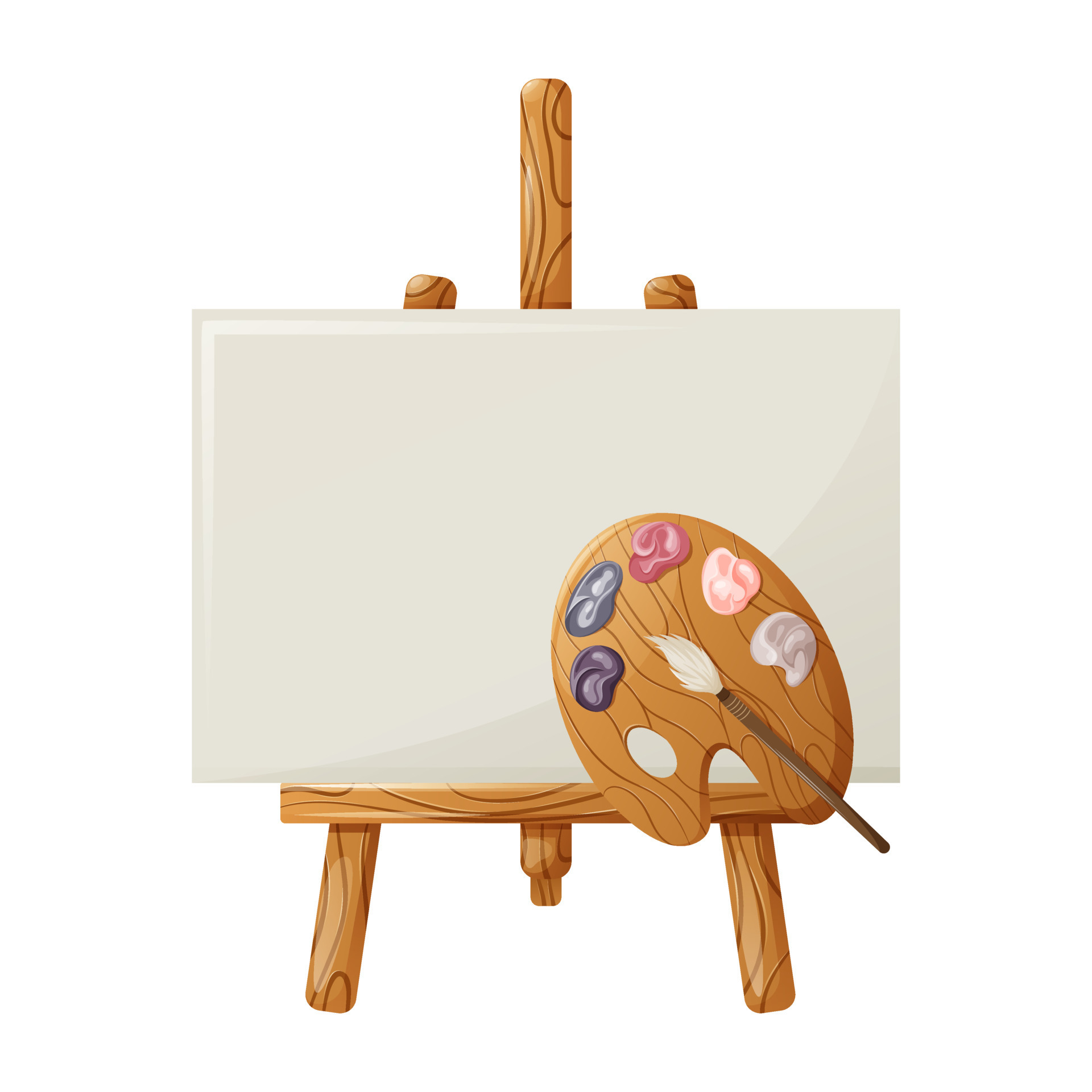 Easel for drawing, palette of paints and brush. Vector illustration