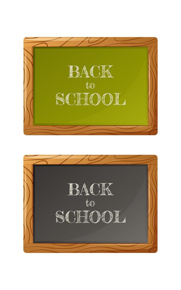 Set of chalkboards in black and green colour. Wooden frame. Text back to school. Vector illustration, cartoon style. For use by students, schoolchildren.