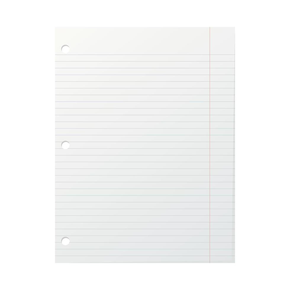 plantilla de una hoja de papel en blanco de un cuaderno escolar a rayas. ilustración vectorial vector