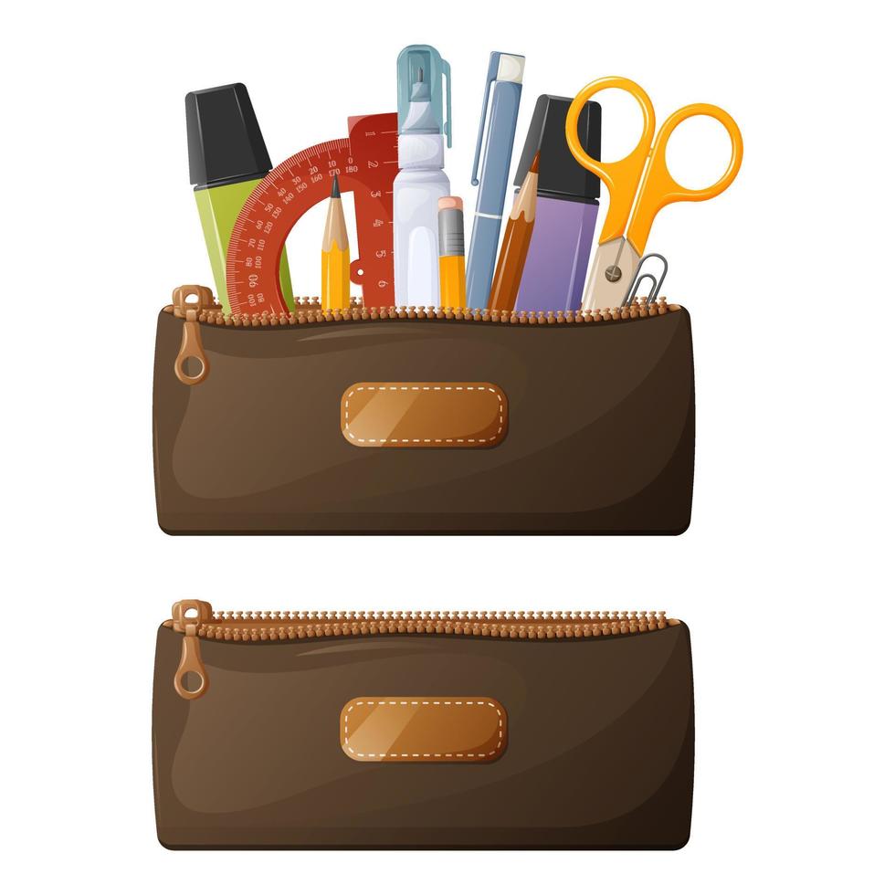 A set of pencil cases with a zipper with stationery and an empty one. For use by schoolchildren and students, in the office, at work. Vector illustration