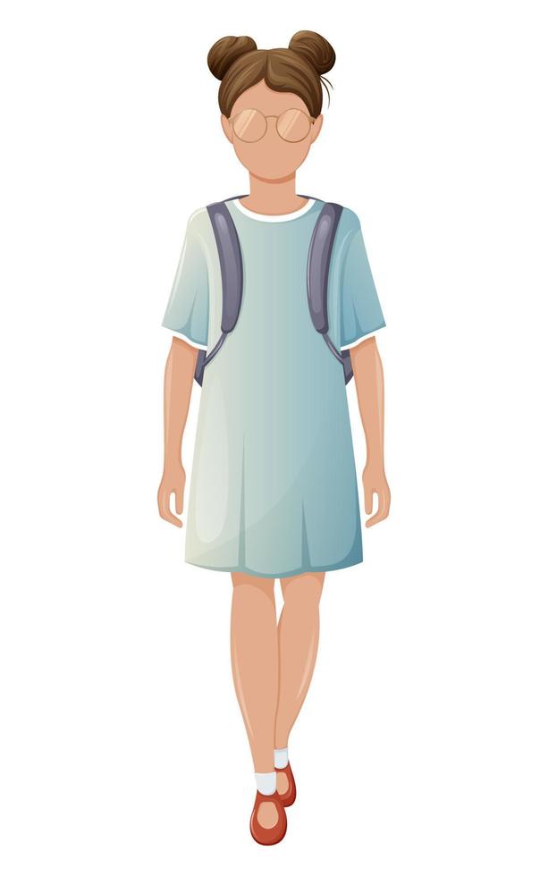 A schoolgirl in a dress, glasses, with a backpack on her back. Cute cartoon faceless character. Vector illustration. Education at school, university.