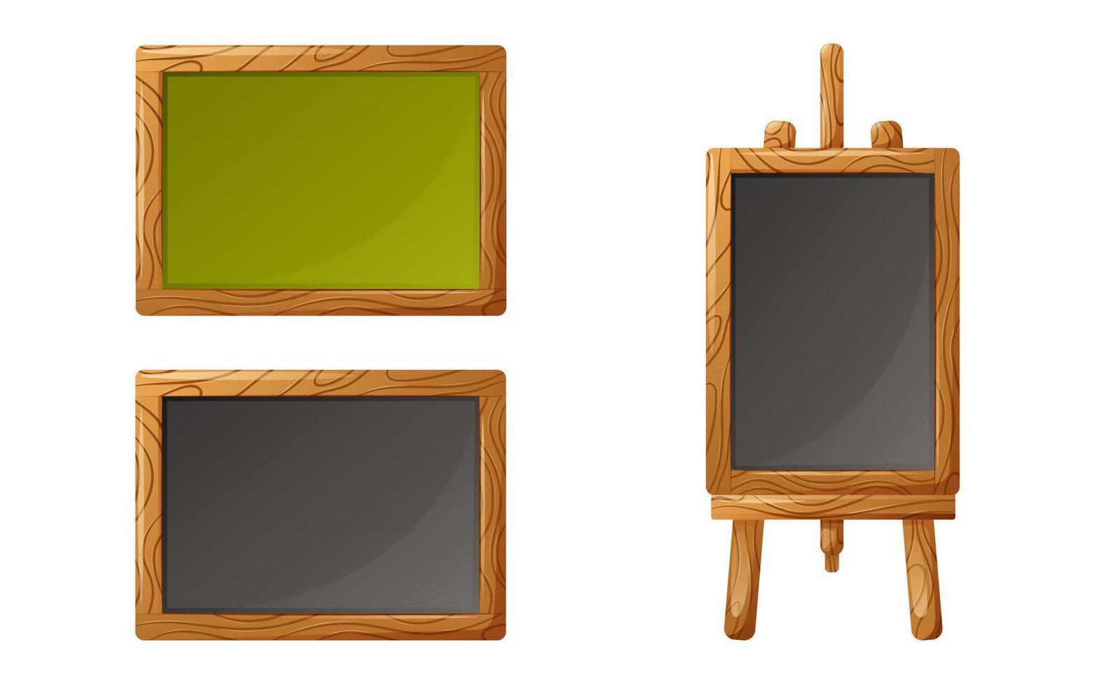 Set of chalkboards in black and green colour. Wooden frame. Back to school. Vector illustration, cartoon style. For use by students, schoolchildren.