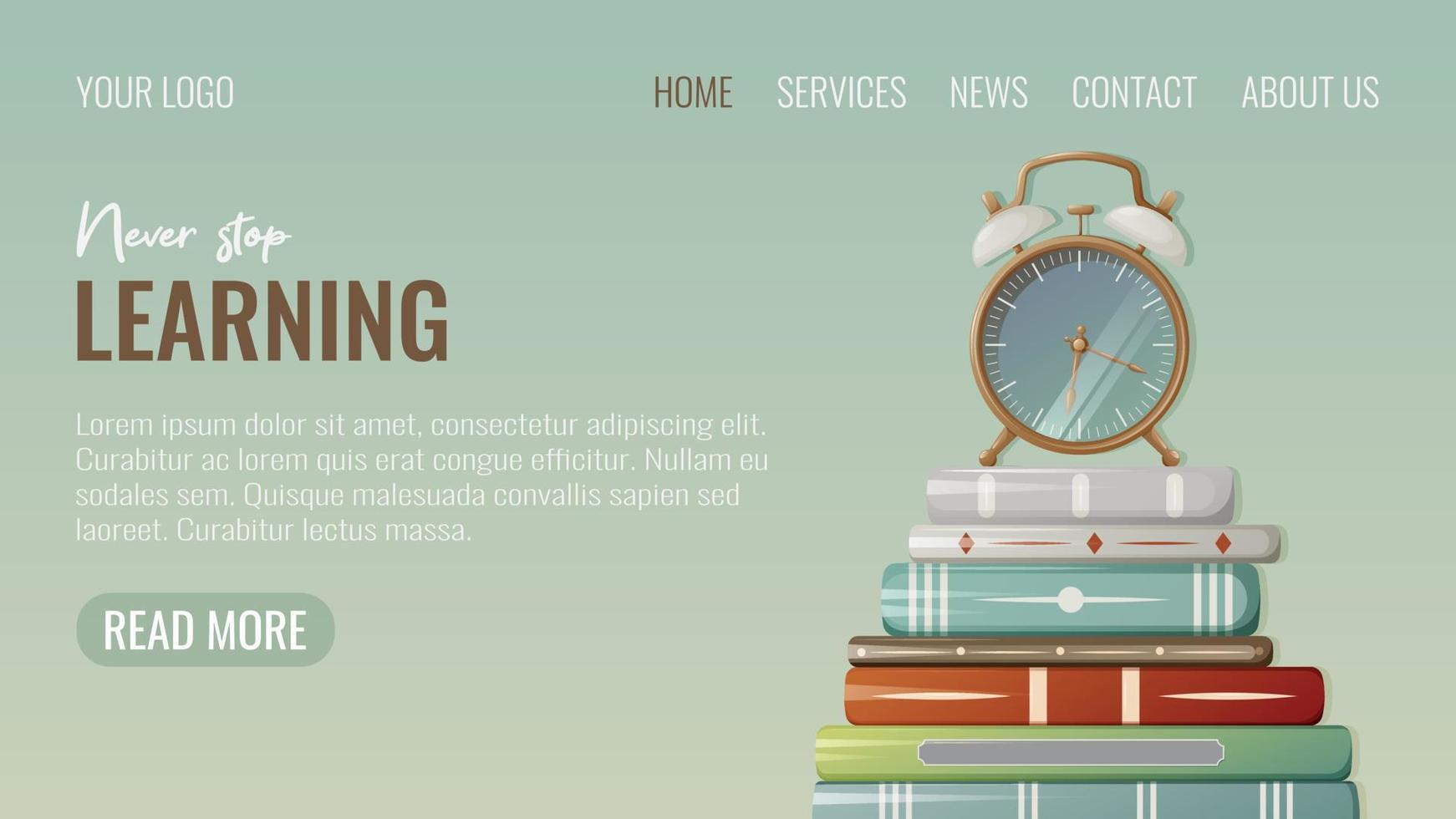 Stack of books with alarm clock, website interface template. Vector illustration. Never stop learning, reading. For students, schoolchildren, lovers of literature