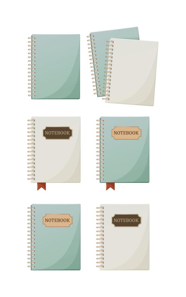 Set of notebook on rings with bookmark for notes with an inscription. Various position. Vector illustration. For school, university, banner, poster. Education concept.