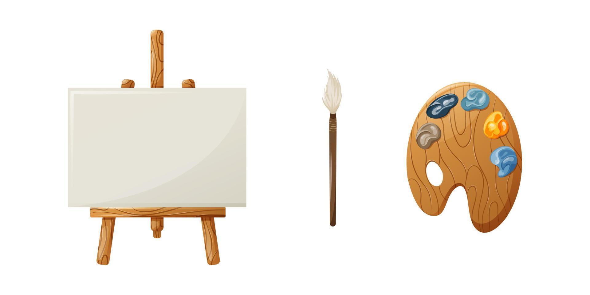 Set for drawing, creativity. Easel, brush, colorful paints. Vector illustration, cartoon style. Art school, hobby.