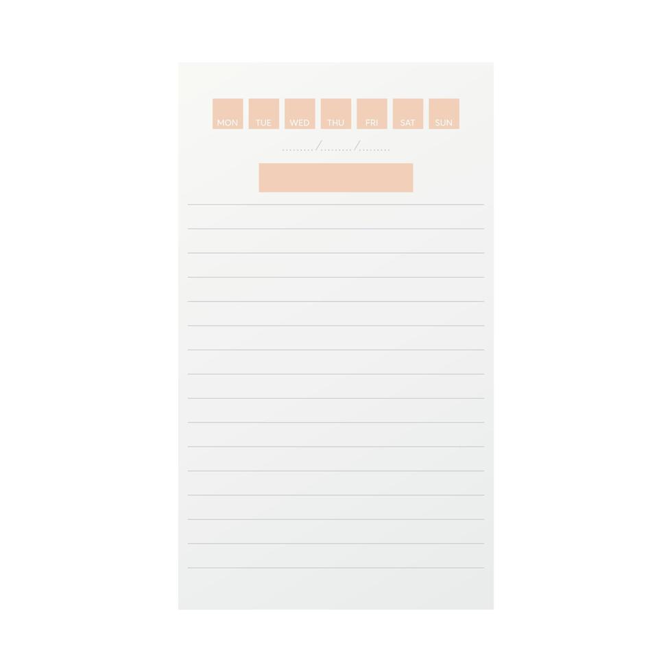 Notebook template. Vertical blank sheet with lines, days of week, place for date. Vector illustration