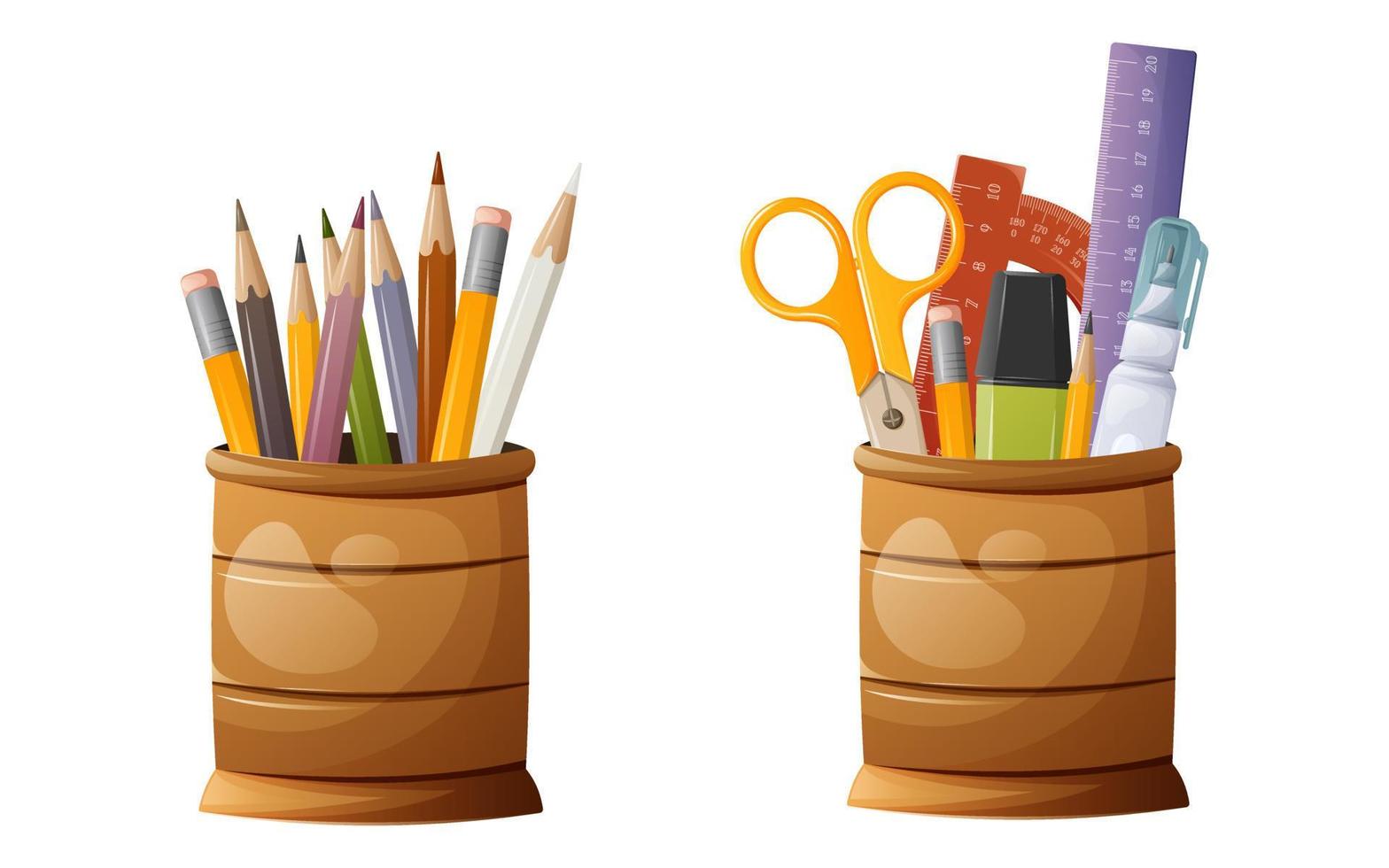 Set of desktop stands with stationery. Colored pencils, scissors, various rulers, corrector and marker. Vector illustration. School, education concept