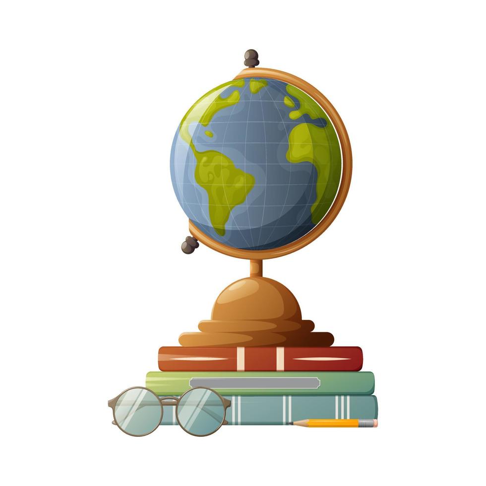 Desktop globe with stack of books, glasses and pencil. Vector illustration. School, education concept