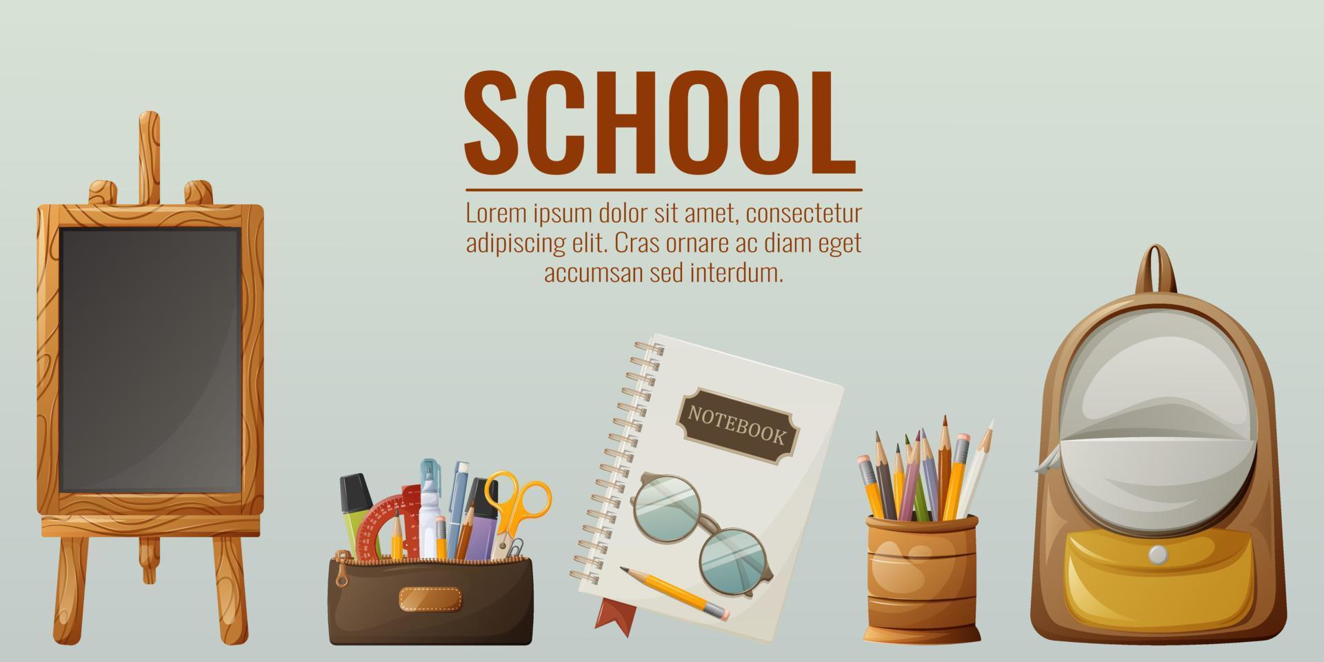 School banner, vector illustration. Black chalk board, an open backpack, a pencil case and a stand with stationery, a notepad and glasses. Place for text. For poster, flyer, website.