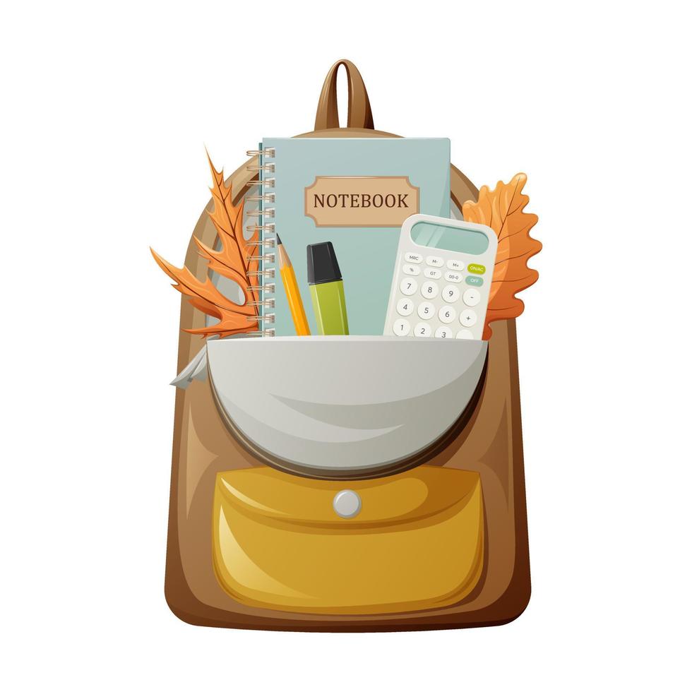 Open backpack with school supplies, vector illustration. Notebook with rings, calculator, highlighter and pencil. Autumn leaves. Schoolbag or student bag