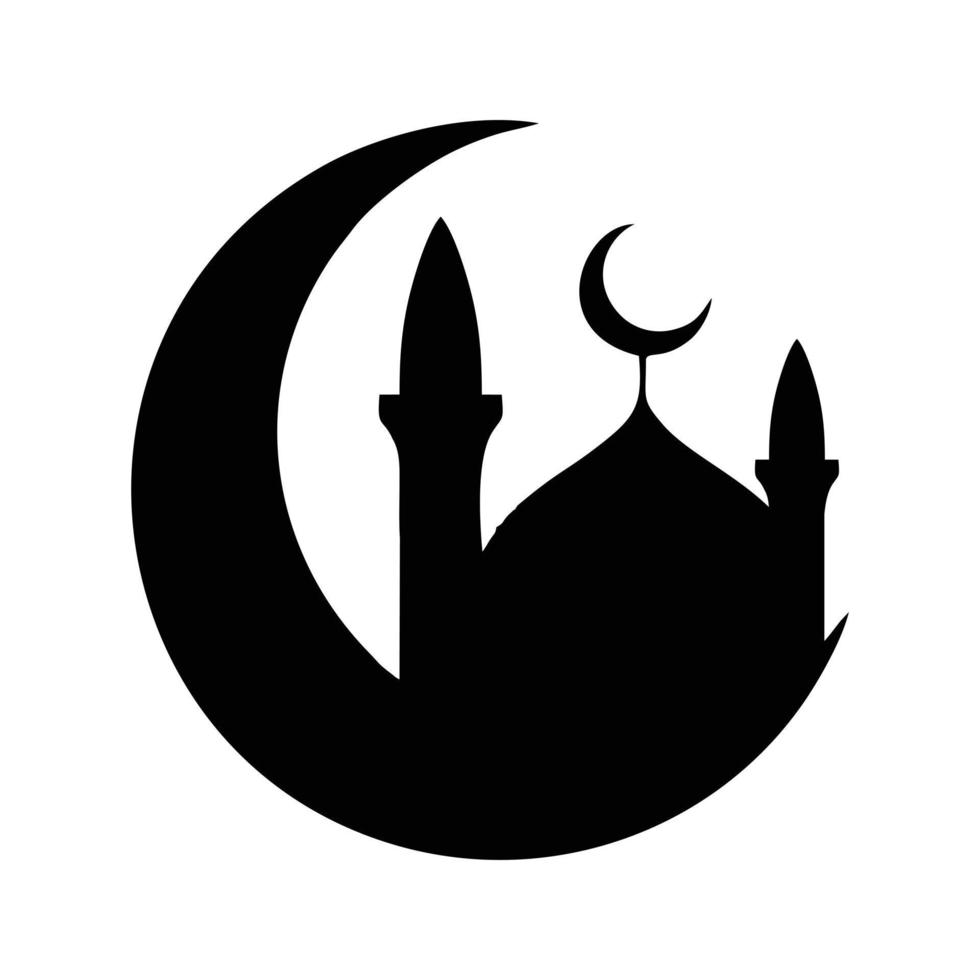 Flat vector illustration of mosque and crescent silhouette logo concept. Suitable for design elements of Ramadan Kareem, Eid al-Adha, theme logos, Islamic events, and celebrations of Muslim holy days