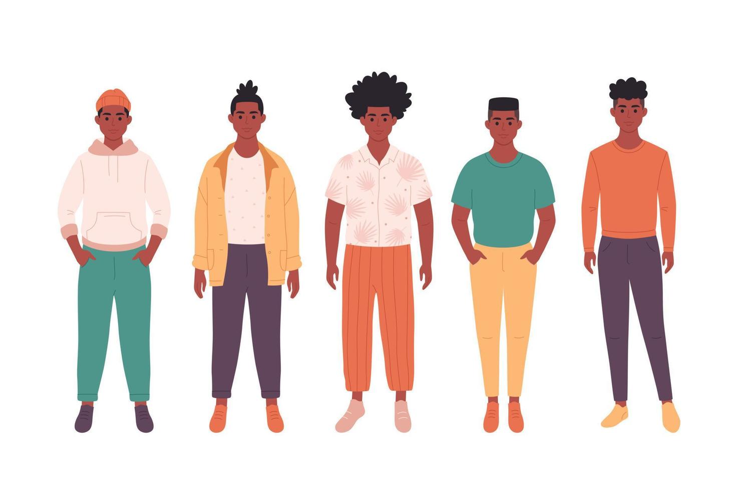 Group of black young men. African american guys. Fashionable casual outfit vector