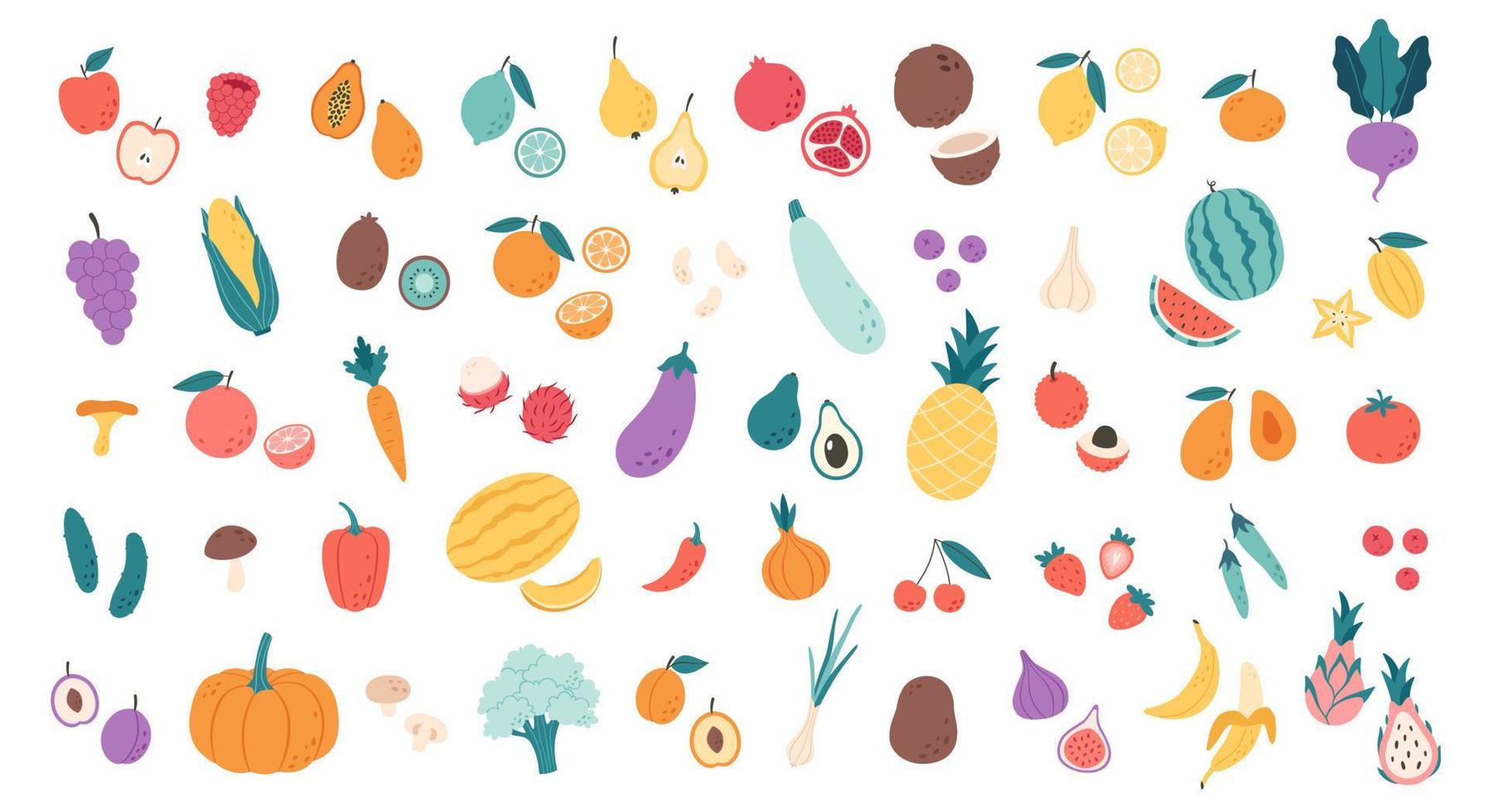 Big set of fruits, vegetables, berries, mushrooms, beans, tropical and exotic fruits. Healthy food, dietetics products vector