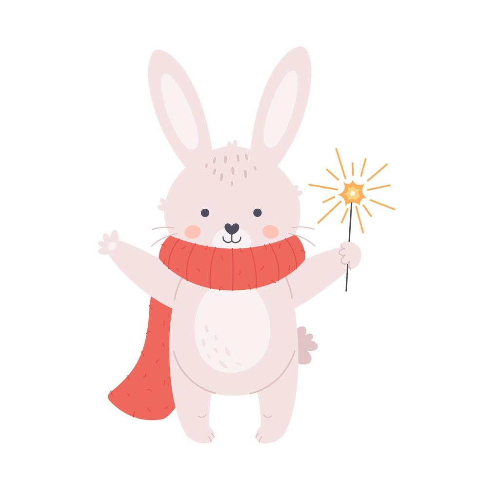 lindo conejito blanco en bufanda con fuego de bengala. tarjeta de felicitación de año nuevo y feliz navidad. año del conejo vector
