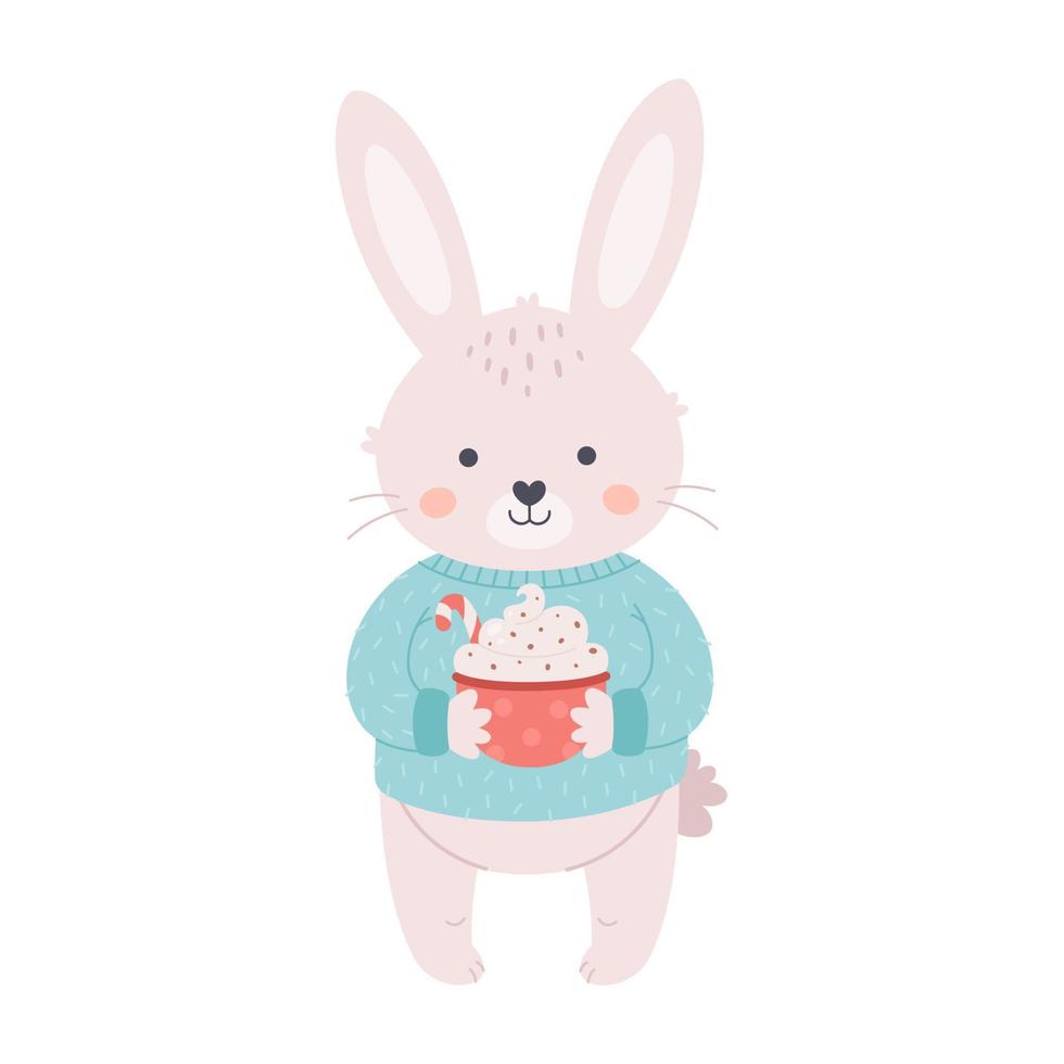 lindo conejito en suéter con taza de café o bebida navideña. Feliz navidad y próspero año nuevo. año del conejo. vector
