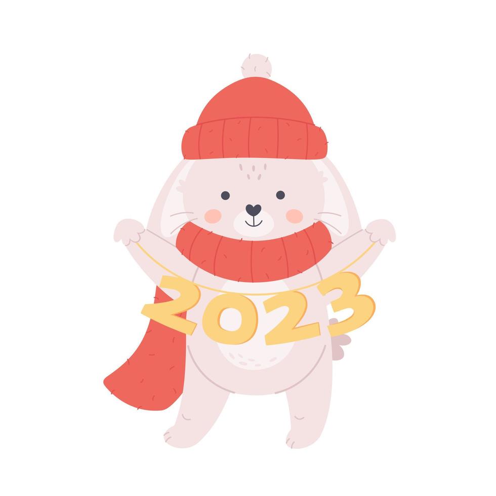 Cute white bunny in scarf and hat wishes a Happy New Year 2023. Year of the Rabbit. Winter holidays vector