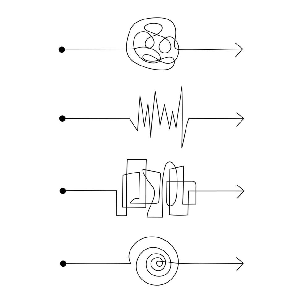Set of doodle chaos path with arrow. Black scribble. Line art elements. Vector illustration.