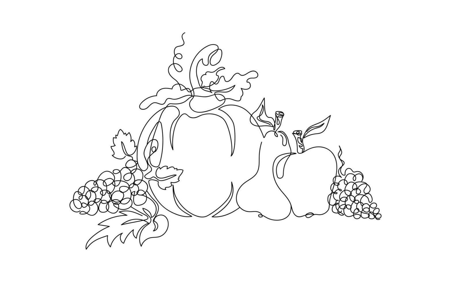 Harvest drawn by one line. Sketch. Continuous line drawing fruit and vegetables. For autumn events. Minimalist art. Vector illustration in doodle style.