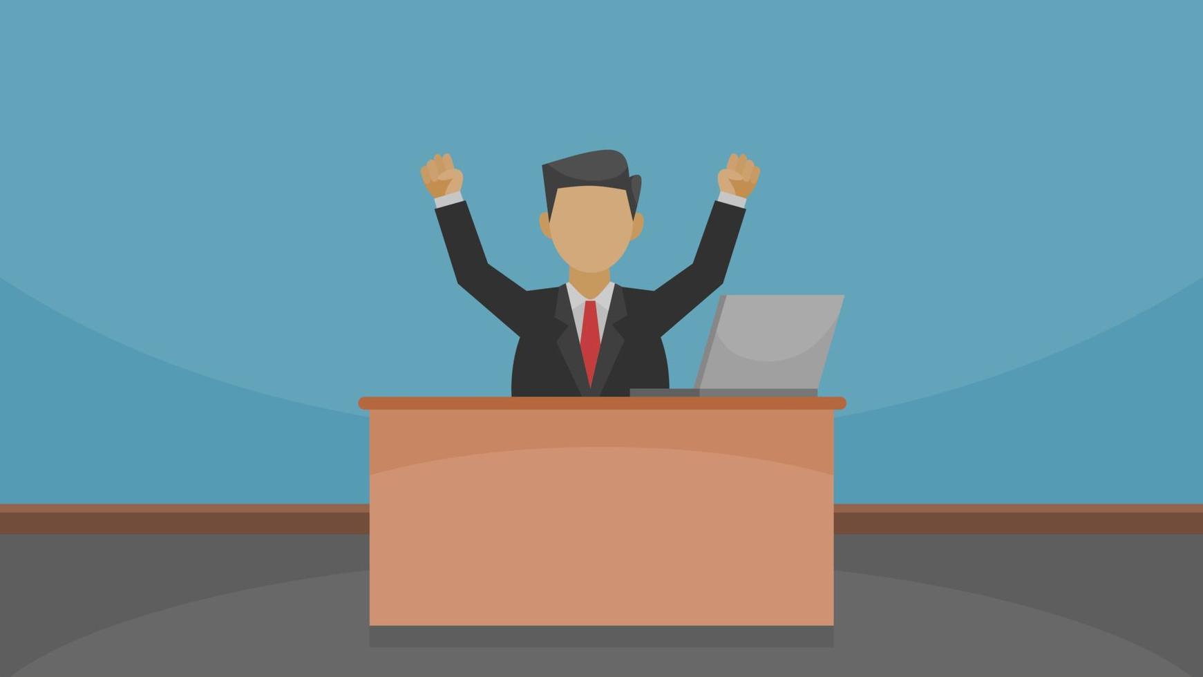 illustration of a workspace with a businessman raising both hands for achieving his goal vector