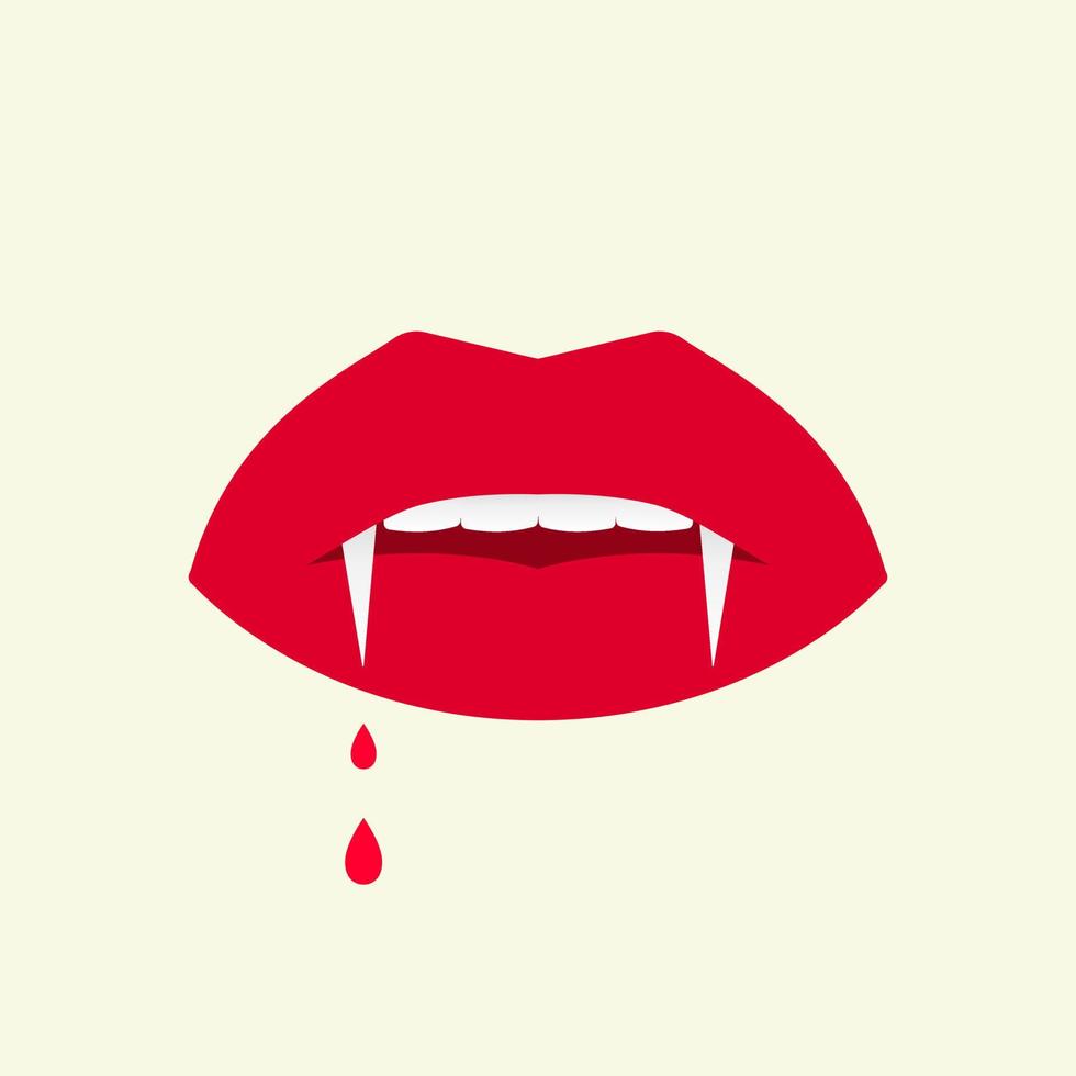 Lips with fangs and dripping blood. Glamorous vampire mouth with bright red makeup. Deadly passion and vector desire