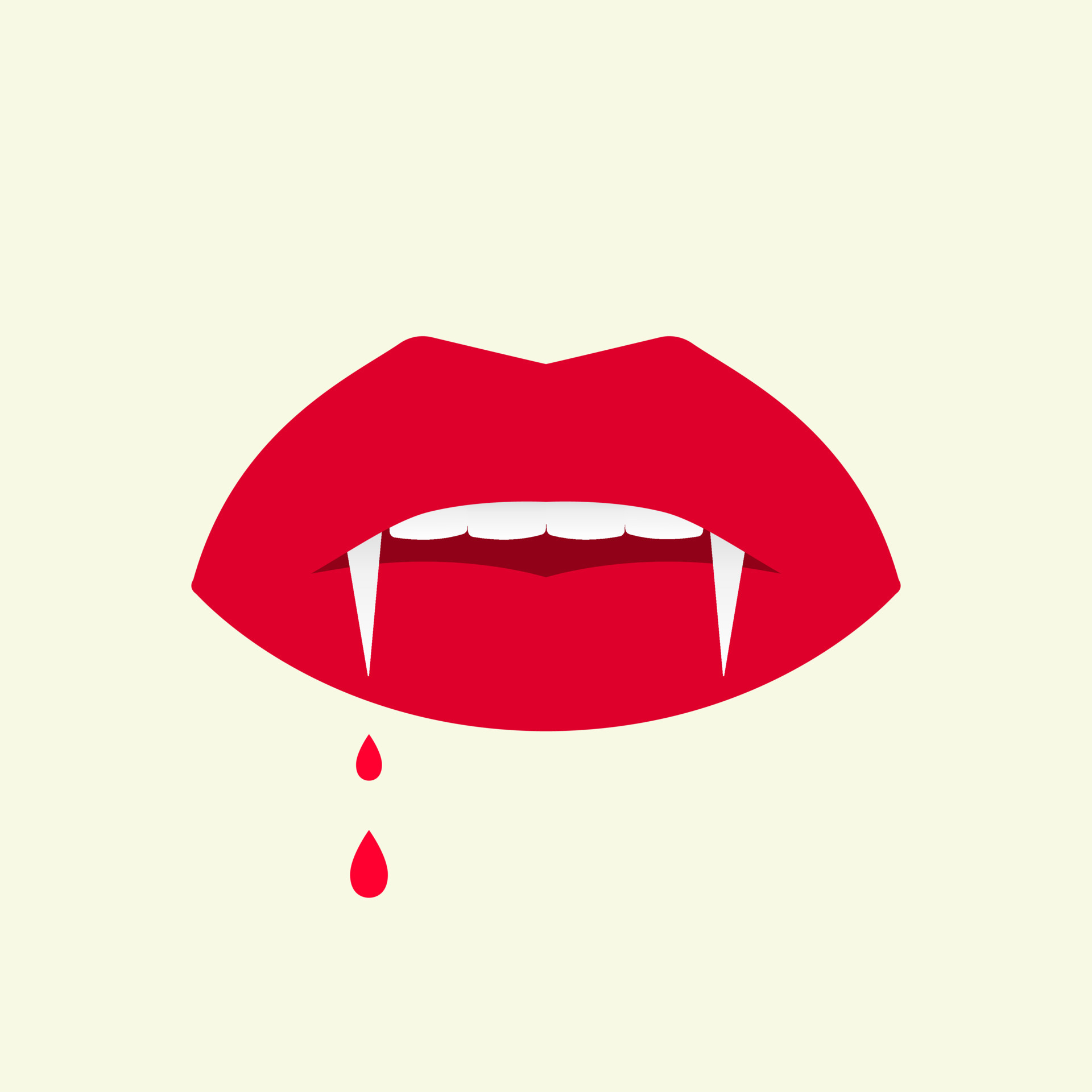 Lips with fangs and dripping blood. Glamorous vampire mouth with bright red makeup. Deadly