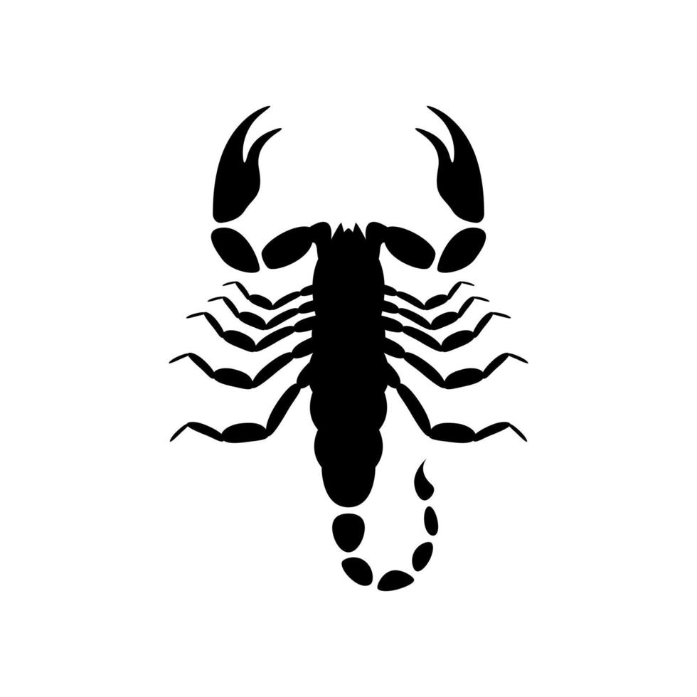 Black silhouette of scorpion. Dangerous venomous arachnid with large claws and poisonous vector tail spike