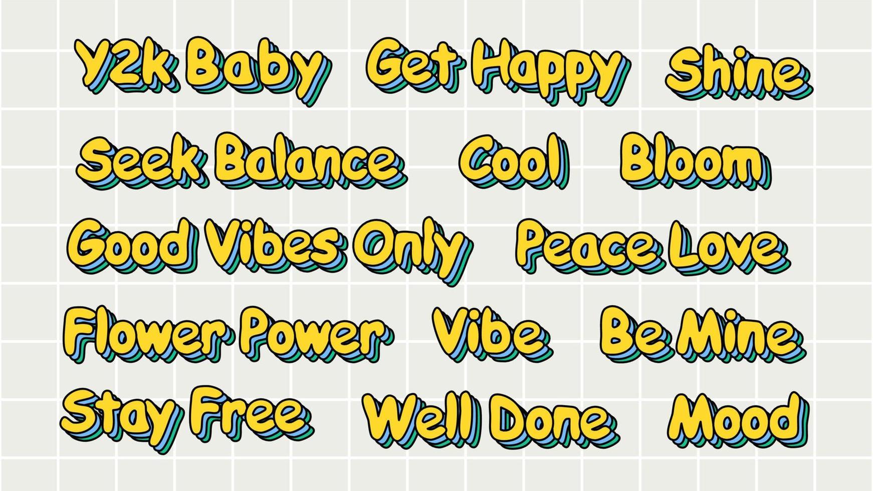 Set of hipster retro cool slogans and phrases. A collection of groovy word stickers with a 70s 60s font vibe. Cute patches with y2k text. Illustration of vector isolated letters and lettering.