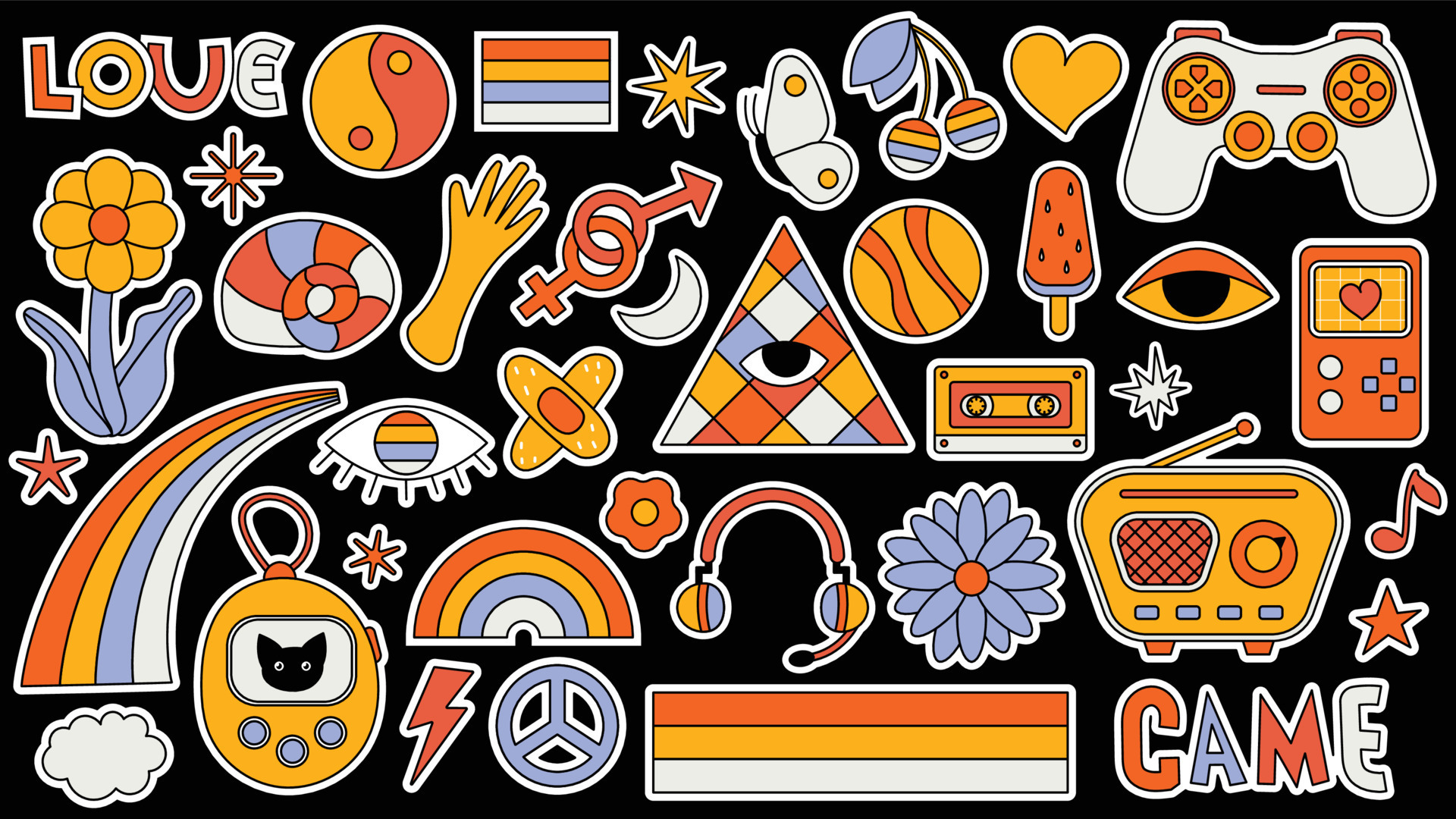 Set of hipster retro cool psychedelic elements. Collection stickers of