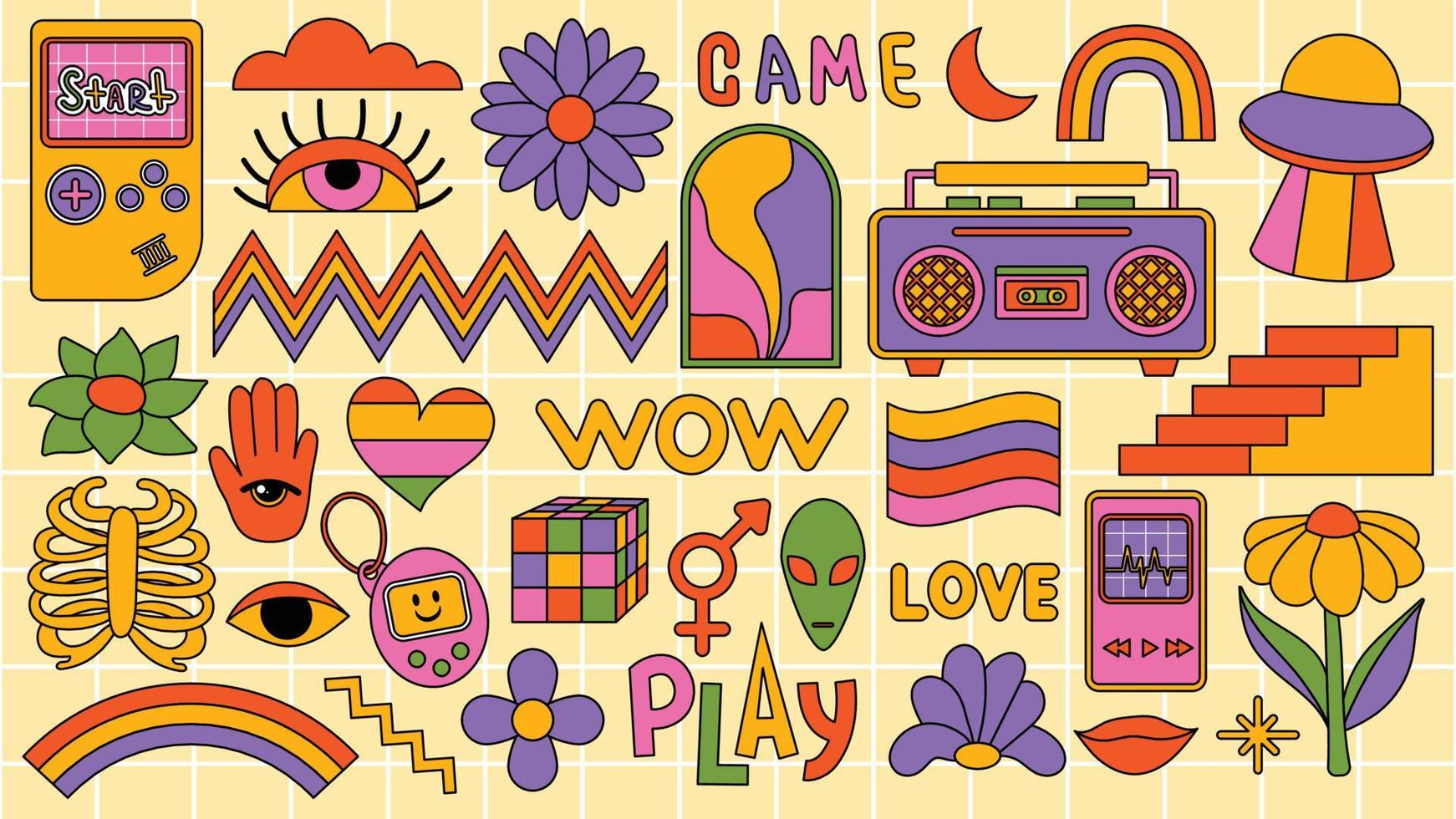 Set of hipster retro cool psychedelic elements. Collection stickers of groovy cliparts from the 70s 60s. Collage with trendy pop vibe with funky design element. Abstract background of cartoon sticker vector