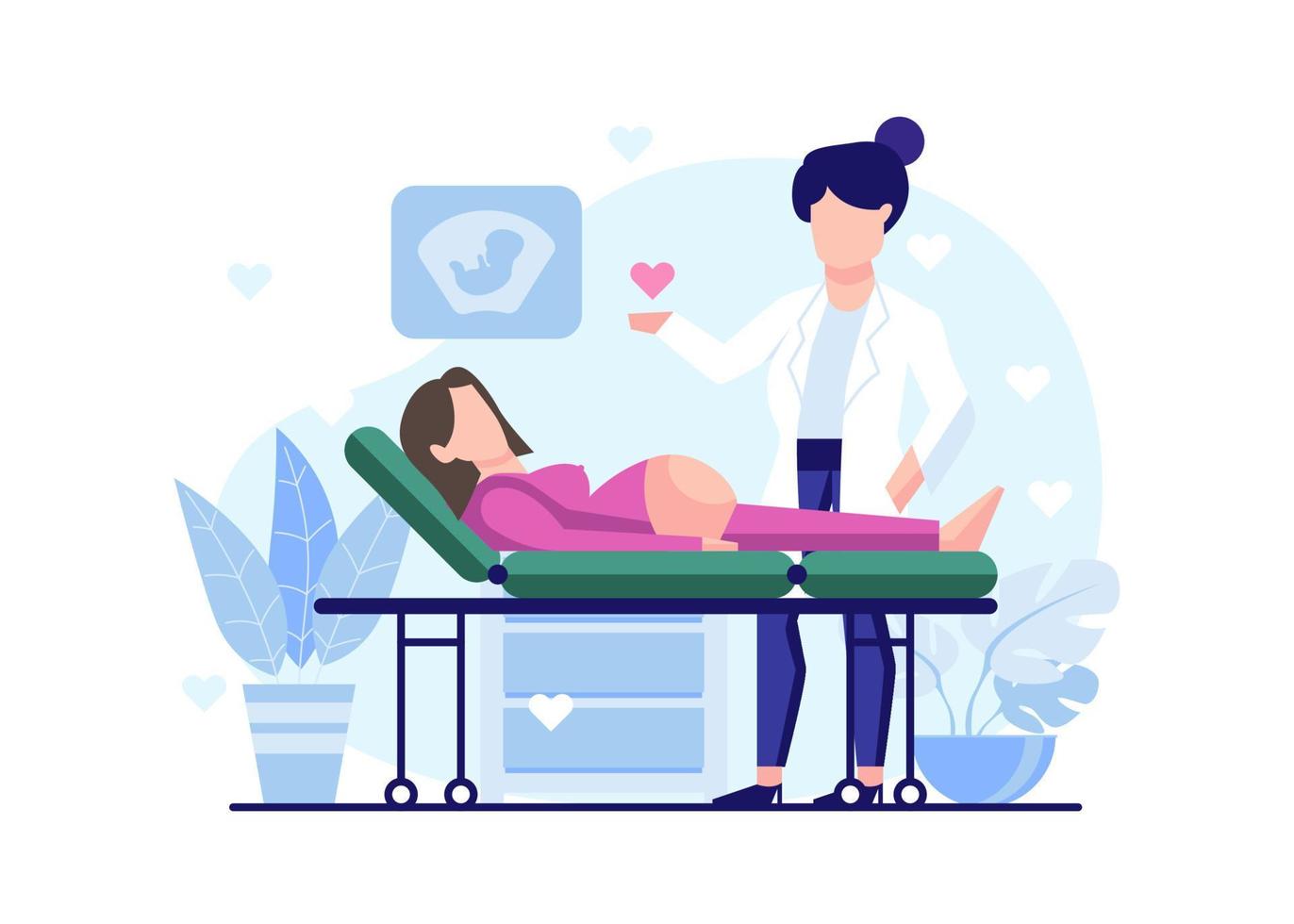 Pregnant Woman, Pregnancy, and Motherhood Flat Illustration Vector Isolated. Happy pregnant woman checking her womb and consulting a doctor at the hospital on a floral background.