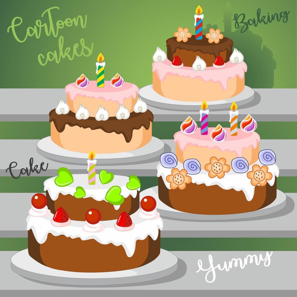 una colección de postres de chocolate con pasteles de chocolate con fresas, dulces y adornos para pasteles resaltados en el fondo de la mesa para hacer. ilustración vectorial dibujada a mano de doo vector