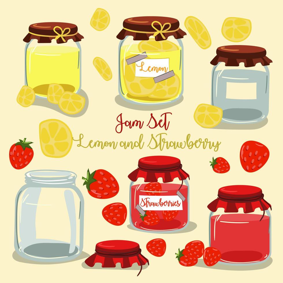 A set of fruit jams in glass jars in cartoon style. Lemon and strawberry with fruit elements. Used for children's illustration, kitchen, food illustration. vector