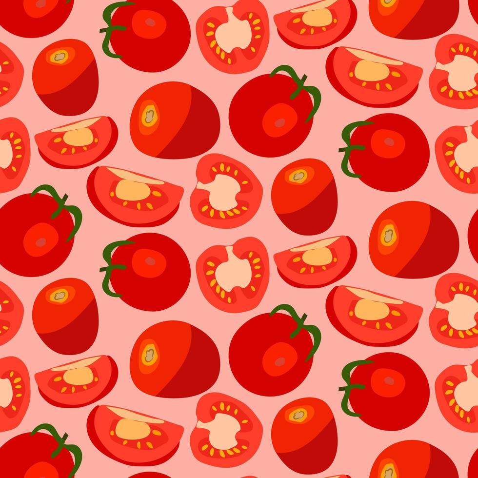 ilustración vectorial de un tomate rojo. cortar el tomate, las rodajas de tomate y las semillas de tomate. conjunto vegetal de dibujos animados de elementos, patrón, sobre un fondo rosa. vector