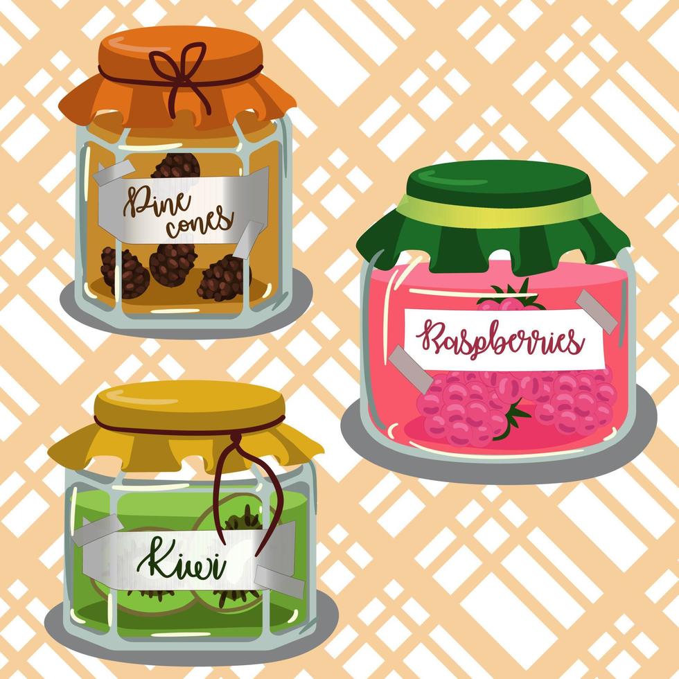 A set of fruit jams in glass jars in cartoon style. Kiwi, raspberries, pine cones. Used for children's illustration, kitchen, food illustration. vector
