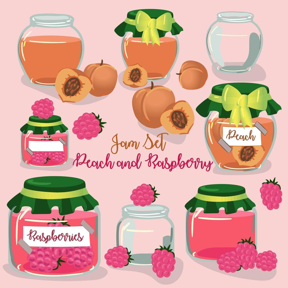 A set of fruit jams in glass jars in cartoon style. Peach and raspberry with fruit elements. Used for children's illustration, kitchen, food illustration. vector