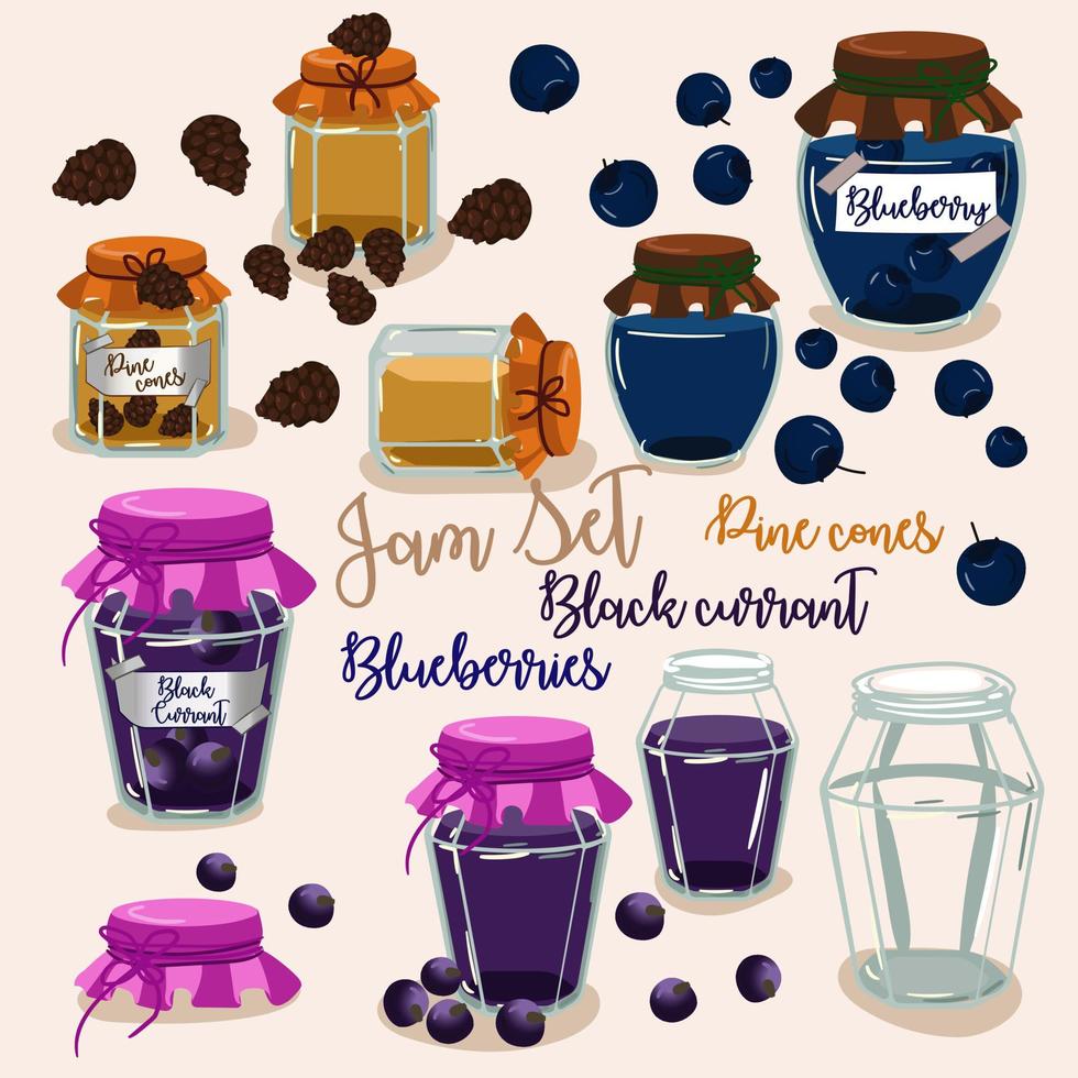 A set of fruit jams in glass jars in cartoon style.  Pine cones, black currants, blueberries with fruit elements and jars. Used for children's illustration, kitchen, food illustration. vector